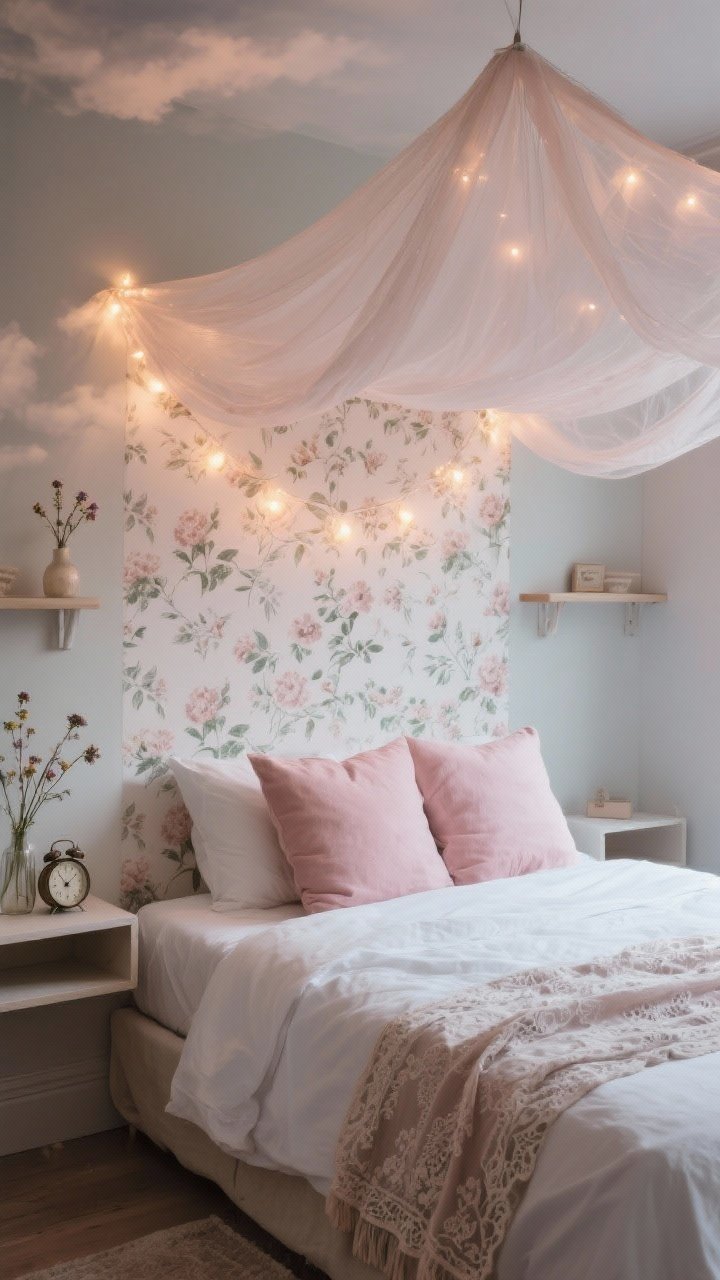 Medium bedroom shot: low-profile bed dressed in white linen under a gauzy canopy draped from the ceiling, blush/dusty rose pillows, antique lace runner at the foot, wall-mounted bedside shelves to save floor space, warm twinkle lights diffused behind the canopy, a small vintage alarm clock, wildflower bud vase, and a peel-and-stick floral wallpaper headboard; soft nighttime glow, cloudlike.