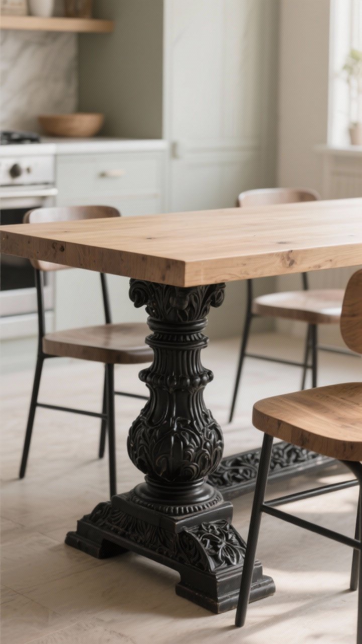 Medium-close detail: An antique carved base refinished in matte black supporting a new, simplified square-edged plank top in a modern natural finish; the contrast between character-rich base and streamlined top is highlighted; simple, unfussy side chairs keep focus on the table; neutral kitchen backdrop, side angle, gentle afternoon light; photorealistic.
