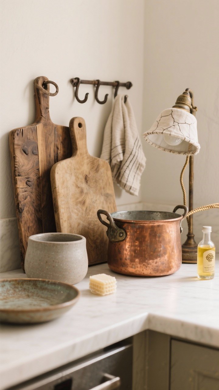 Medium closeup focusing on patina with purpose: a composition of real materials—aged wood cutting boards treated with mineral oil, a softly worn copper pot, iron hooks, linen towel, and matte stoneware—arranged on a clean counter; a vintage lamp with visible new cloth-covered cord indicating rewiring; no cracked glaze on food-contact pieces; a small bottle of beeswax/mineral oil nearby hints at care; warm, clean lighting emphasizing safe, well-loved surfaces; photorealistic, no people.