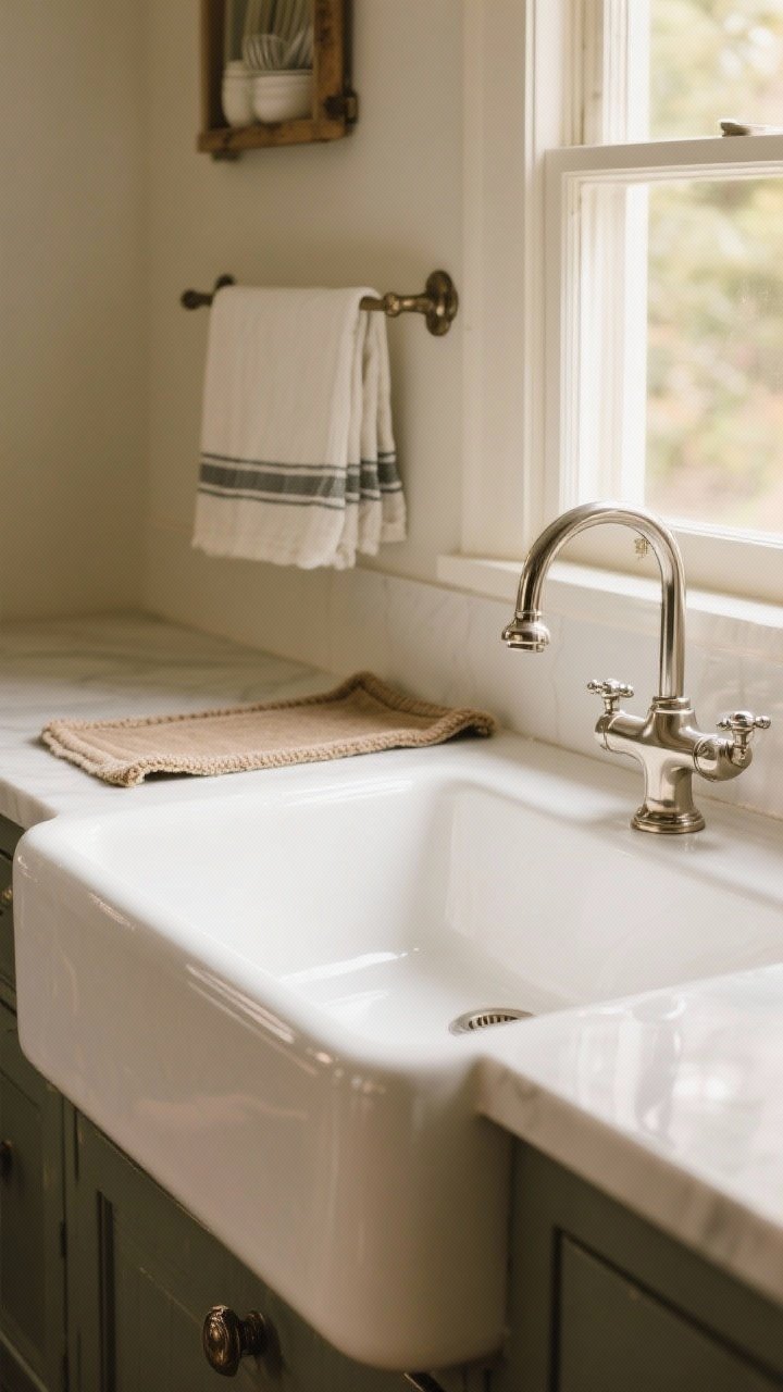 Medium closeup of a glossy white fireclay apron-front sink with a classic bridge faucet in polished nickel; a wall-mount drying rail above holding a neatly draped dish cloth; a small vintage-style cushy runner at the toe-kick; warm natural window light glinting off the faucet, photorealistic, no people.