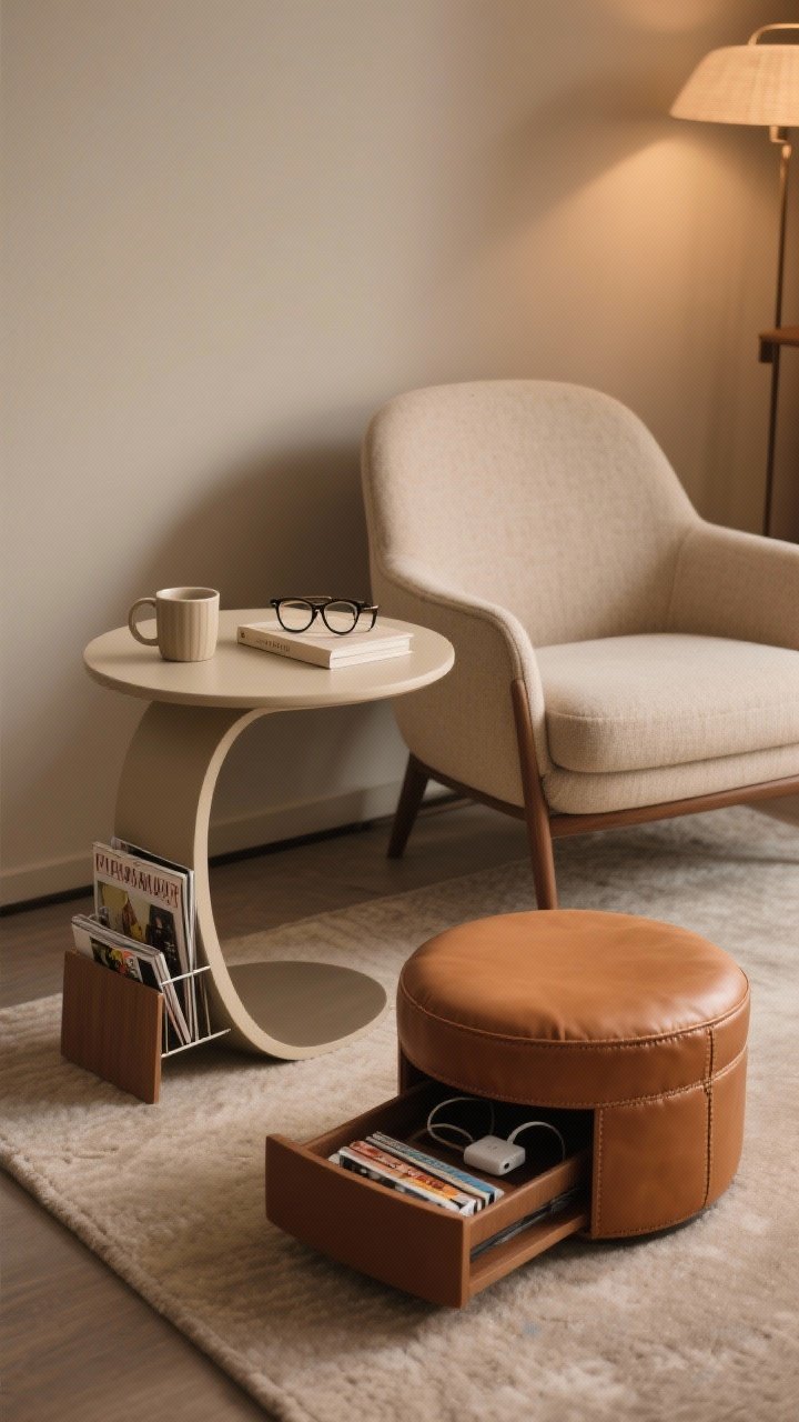 Medium closeup: Side table and storage focus. A round drum side table echoing chair curves holds a mug, reading glasses, and a book. Nearby, a slim C-table slides partially under the chair for space-saving versatility, and a rounded storage ottoman in clay leather doubles as a footrest with its lid slightly ajar, showing neatly stored magazines and a charger. Add a small magazine rack beside the chair. Warm neutral palette, soft evening light, photorealistic.
