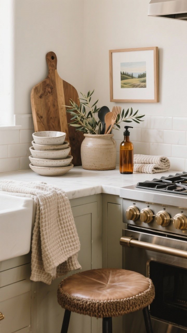 Medium closeup: Simple, lived-in styling on a clean counter. A stack of stoneware bowls, a substantial wooden board, and a draped linen towel by the stove; olive branches in a crock add greenery. Dish soap decanted into an amber glass bottle and utensils corralled in a ceramic crock, with most clutter hidden. A small landscape art piece leaning against the backsplash. Neutral waffle towels and a boucle or leather seat pad on a nearby stool introduce subtle texture. Straight-on vignette, warm daylight.