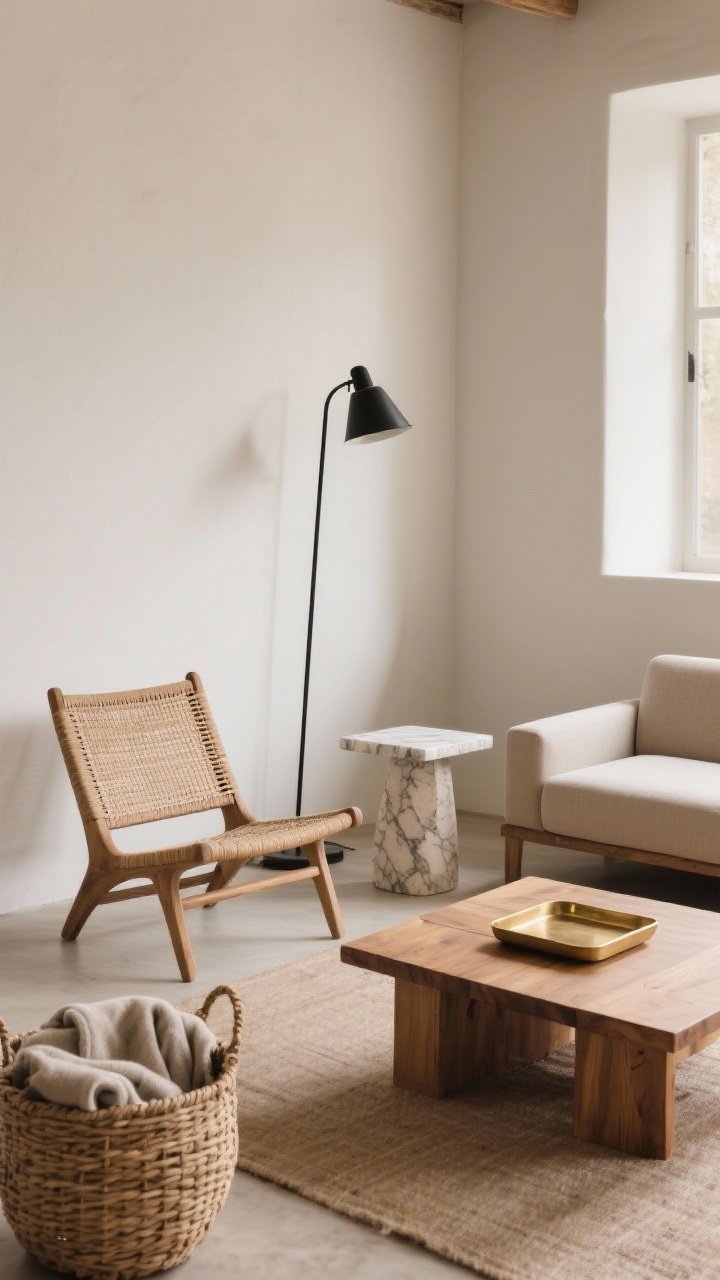 Medium corner angle highlighting mixed natural materials with clean lines: a rattan lounge chair paired with a slim black metal floor lamp; a solid wood coffee table in front of a low-profile straight-arm sofa; a small marble or stone side table beside a woven basket holding blankets. Palette stays earthy and neutral with matte textures, minimal gloss; a whisper of brass in a single detail (small tray edge). Soft ambient daylight for a grounded, streamlined boho vibe.
