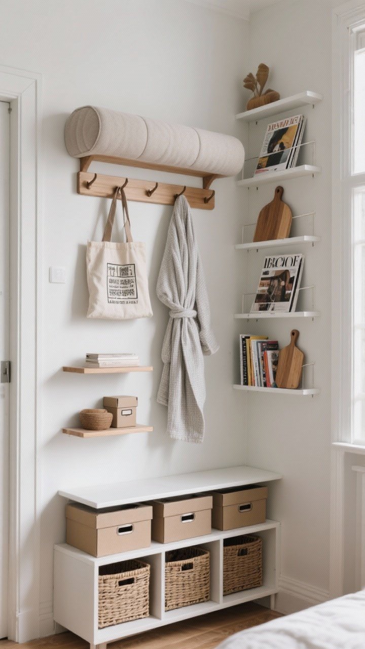 Medium corner angle of a small apartment wall showing vertical storage-as-decor: floating shelves with closed boxes on lower levels and open styled objects up top; elegant over-door padded or wood hooks holding a robe and tote bag; a wall-mounted rack displaying magazines and cutting boards; a tall bookcase drawing the eye upward with baskets at the bottom for concealed storage; clean, chic, functional