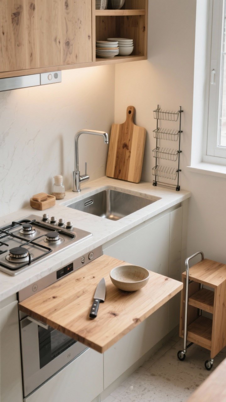 Medium corner angle of a tiny kitchen emphasizing double-duty surfaces: an over-the-sink cutting board extending the prep space and discreetly masking a few dishes, a wood stovetop cover board converting burners into a flat counter, a fold-down wall-mounted table in the down position with a knife and bowl for prep, a vertical stackable drying rack beside the sink; a slim rolling cart tucked just off to the side, light neutral palette with warm wood tones, clean task lighting, photorealistic.