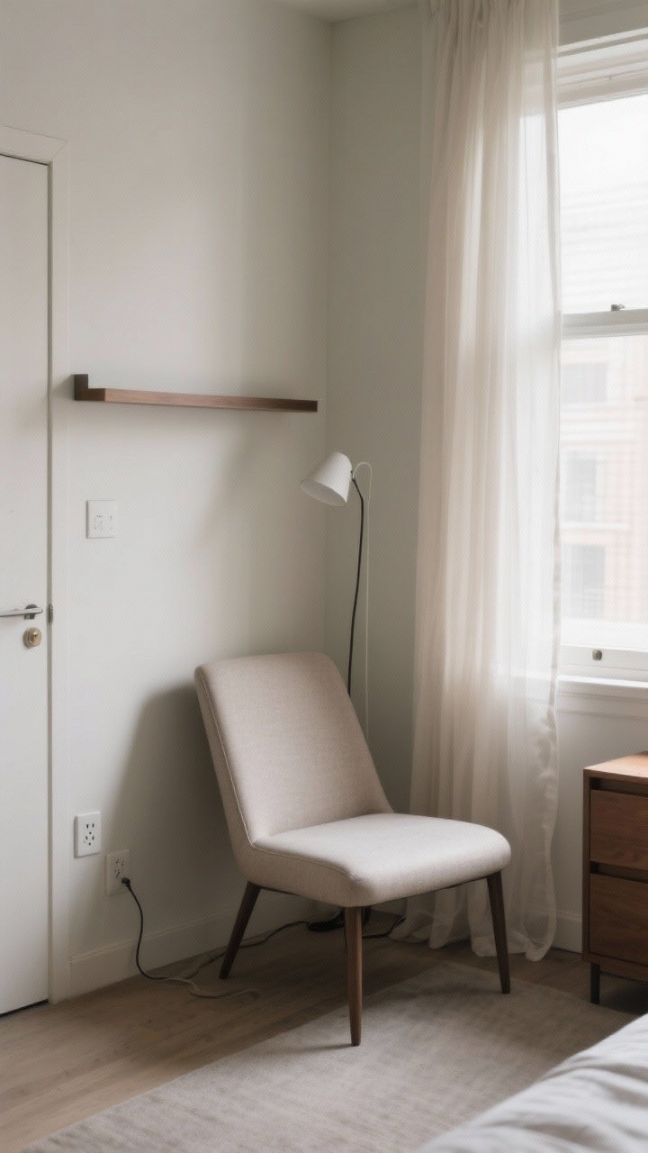Medium corner-angle shot of an apartment bedroom corner selected with intention: a slim upholstered chair angled slightly toward the room near a window, sheer curtains filtering soft daylight, a low-traffic zone clear of door swings and dresser drawers, visible wall outlet with a discreet plugged-in floor lamp cord, compact footprint around 3 feet wide, with a wall-mounted narrow shelf above the chair; calm, uncluttered mood, photorealistic, natural light emphasis