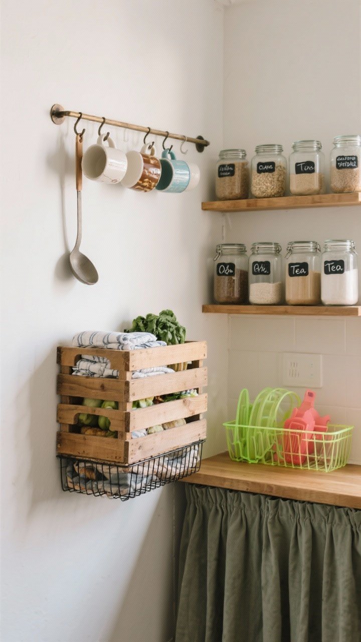 Medium, corner-angle shot of cute, vertical storage on display: adhesive-mounted rail with S-hooks holding mismatched mugs and a ladle, stackable wood and wire crates with produce and folded linens, and a row of glass jars with handwritten labels—oats, tea, flour—lined up like a bakery shelf; neon plastic items hidden in a skirted nook; even, natural lighting highlighting order and charm.