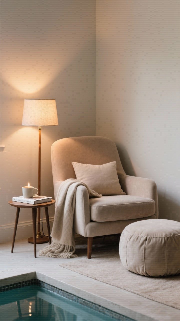 Medium corner shot: a real-use reading nook—supportive, soft-to-the-touch armchair (not too deep), warm focused dimmable floor lamp, small side table holding a book, mug, and candle; soft throw and lower-back cushion; footstool/pouf included; cozy, intimate light pool.
