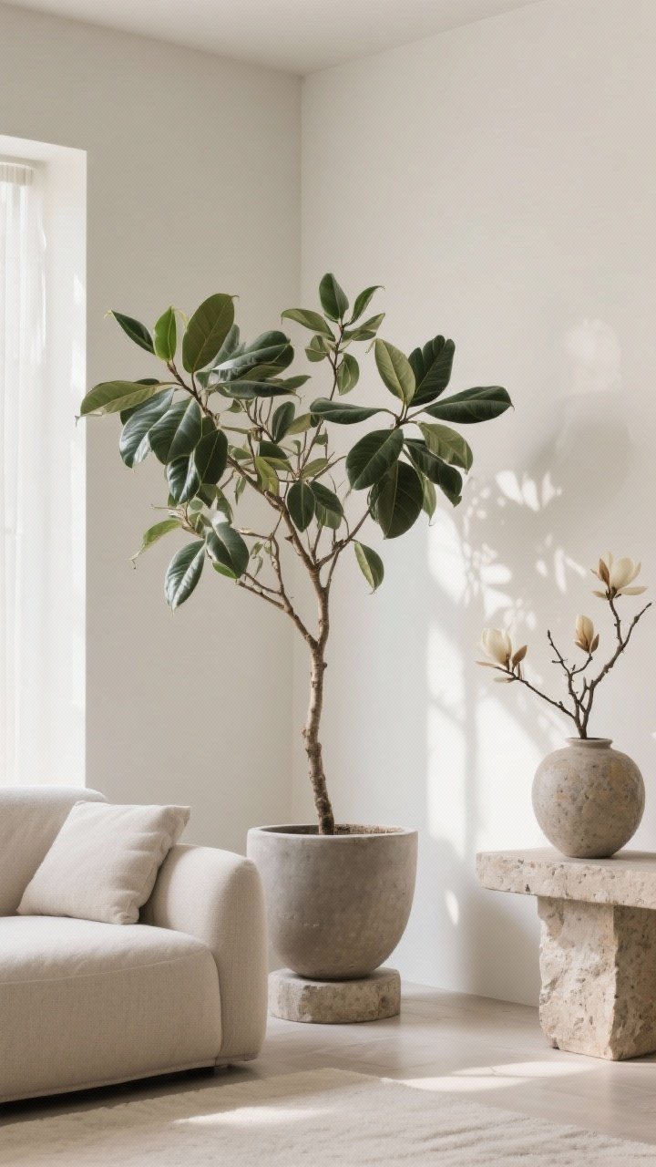 Medium corner shot bringing nature in sculpturally: an airy olive tree in a matte stone pot beside a sofa, a rubber plant on a low pedestal in another neutral planter; optional dried magnolia branches in a rough stone vase on a console; neutral palette lets greenery stand out; soft morning light accentuating leaf shapes, no clutter.