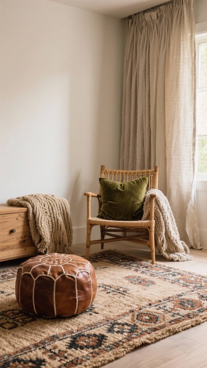 Medium corner shot highlighting layered textures: a large jute rug with a patterned kilim layered on top, linen curtains pooling softly, a leather ottoman, a cane chair paired with a moss velvet cushion; warm, diffused daylight accentuating chunky knits, slub cotton, linen, jute, leather, and wood grains.
