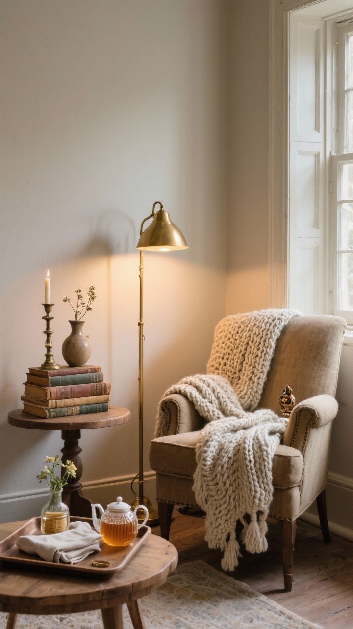 Medium corner shot of a storybook reading nook: an armchair with a knitted throw, a brass floor lamp casting a warm pool of light, and a small wooden table topped with a stack of worn books; nearby tea corner on a tray with a teapot, honey jar, linen napkins, and a bud vase; styled in odd-number groupings with varied heights (tall candlestick, medium vase, small trinket); cozy, photorealistic.