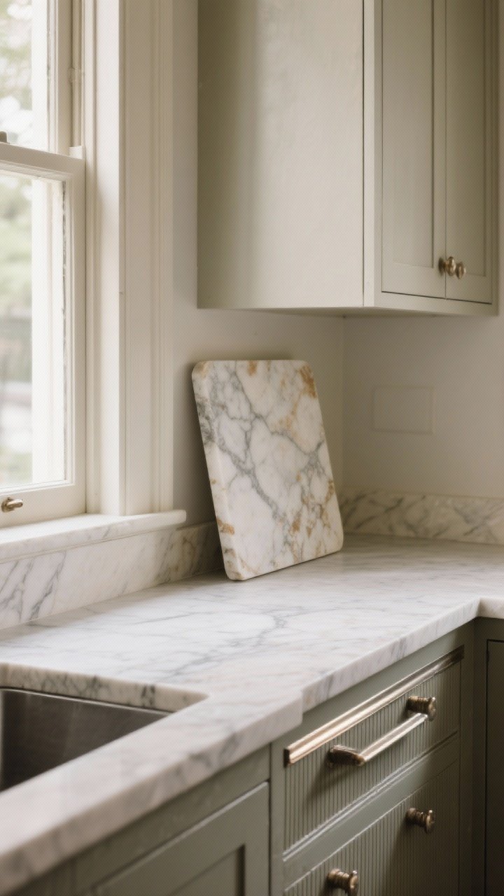 Medium countertop vignette showing classic surfaces: a soapstone counter with soft matte finish and subtle veining beside a marble pastry slab showing faint etches and stains; a nearby run of retro-look laminate with a metal bullnose edge; neutral cabinetry, gentle window light emphasizing patina and edge profiles, photorealistic.