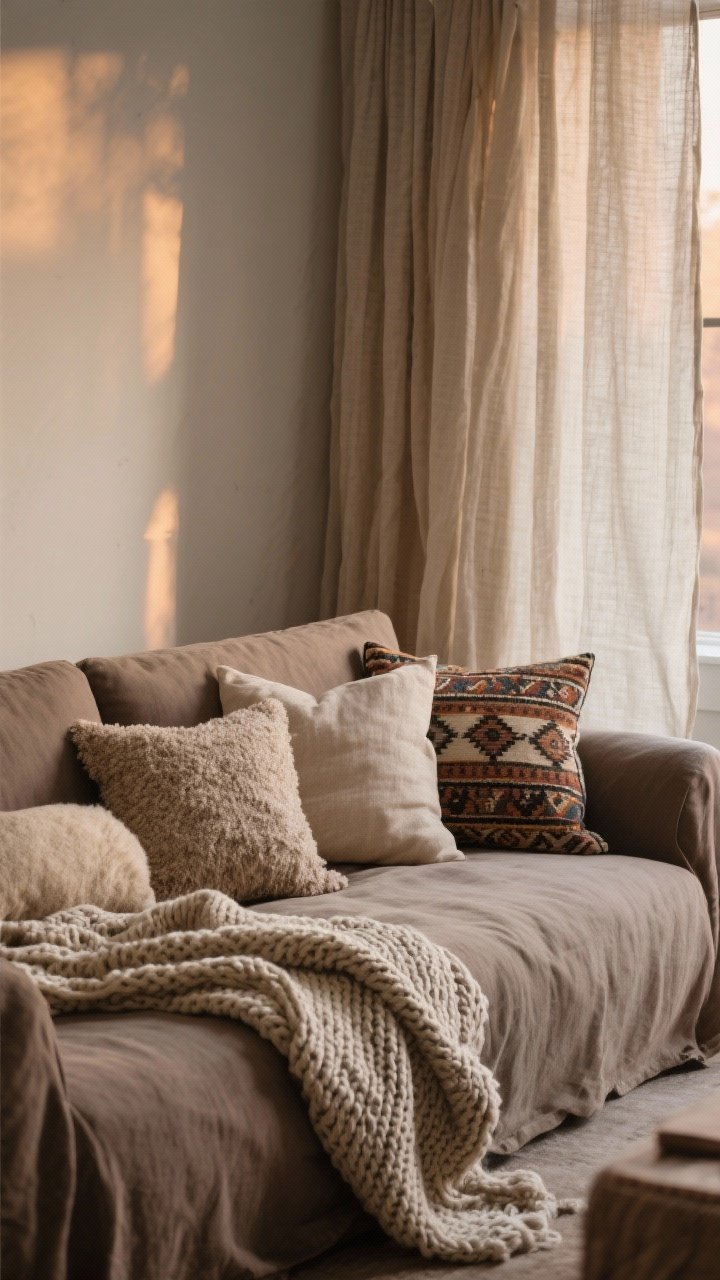 Medium cozy sofa scene: Layered textiles—linen curtains gently pooling, a mix of pillows (linen, wool, bouclé, and one patterned kilim) on a taupe linen sofa, and a chunky knit throw casually draped; tone-on-tone neutrals within a single color family; warm, soft evening light for maximum coziness.