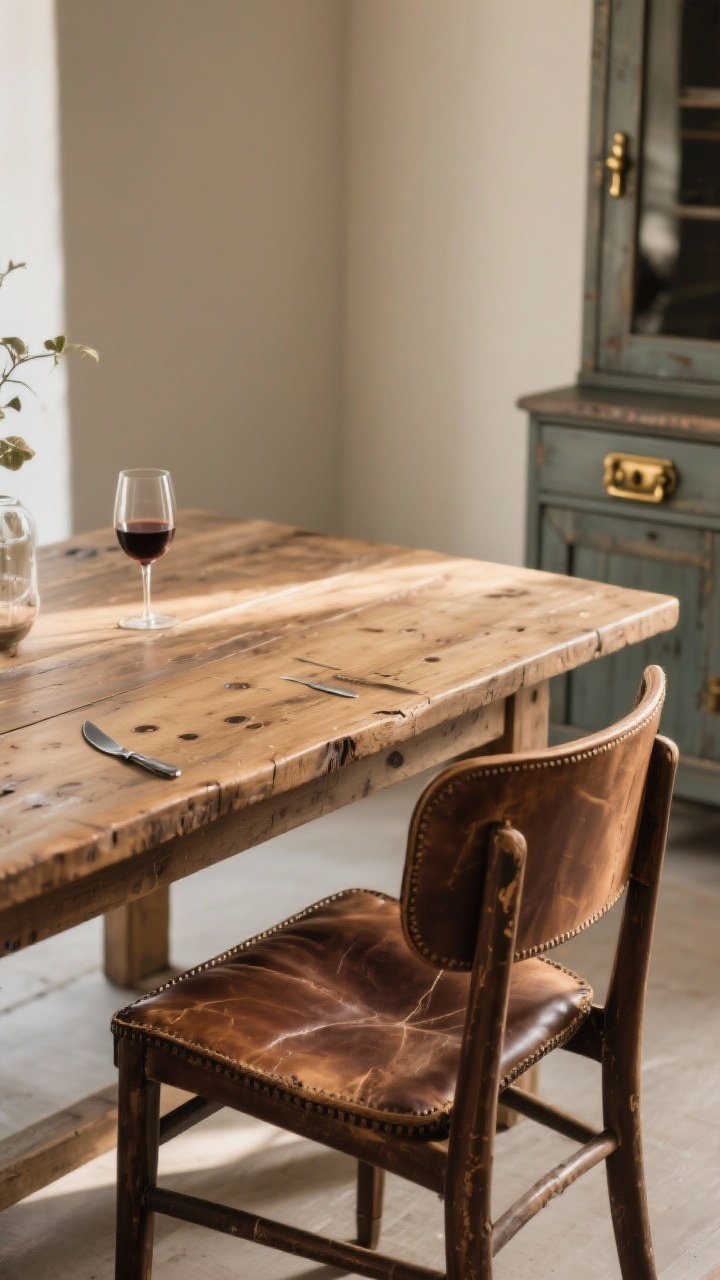 Medium detail shot of authentic, used-loved finishes: a waxed wood dining table showing knife marks and faint wine rings, a nearby aniline or vintage leather chair with graceful scuffs, and unlacquered brass hardware on a cabinet beginning to darken; warm, natural light grazing surfaces to emphasize patina; neutral, rustic palette for cozy realism