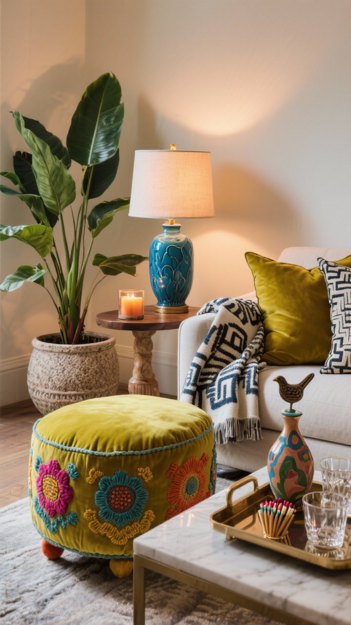 Medium detail vignette focused on personality layers: a playful ottoman, embroidered pillows with bold color pops (chartreuse velvet and a cobalt ceramic lamp on a side table), an oversized plant in a textured pot, and a block-printed throw casually draped over a sofa arm; a bar tray styled with a pretty decanter and glassware nearby; include one whimsical object like a sculptural bird or cheeky match striker; warm ambient lighting with a hint of scented candle glow (amber/sandalwood mood), photorealistic
