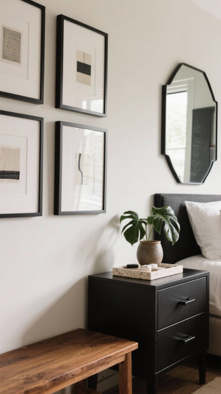 Medium-detail vignette from the dresser wall, angled perspective: thin black frames with white mats forming a tidy gallery wall beside a single large black-and-neutral statement art piece over the bed (partially visible). A black metal mirror reflects light. Matte black hardware on a drawer front, repeating the same black metal finish in three places for cohesion. Natural elements included: an oak or walnut bench edge, a single leafy plant in a ceramic pot, and a small travertine or marble tray organizing essentials. Clean lines, edited styling, warm natural light with gentle highlights.