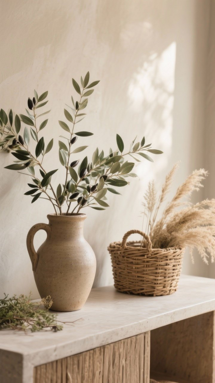 Medium entry console bringing the outdoors in: a clay jug with olive branches, a stoneware pitcher holding eucalyptus, a wicker basket with seasonal dried grasses; simple, wild, and imperfect greenery; neutral backdrop, warm natural daylight, clean surface with minimal accessories; no mess, no people.