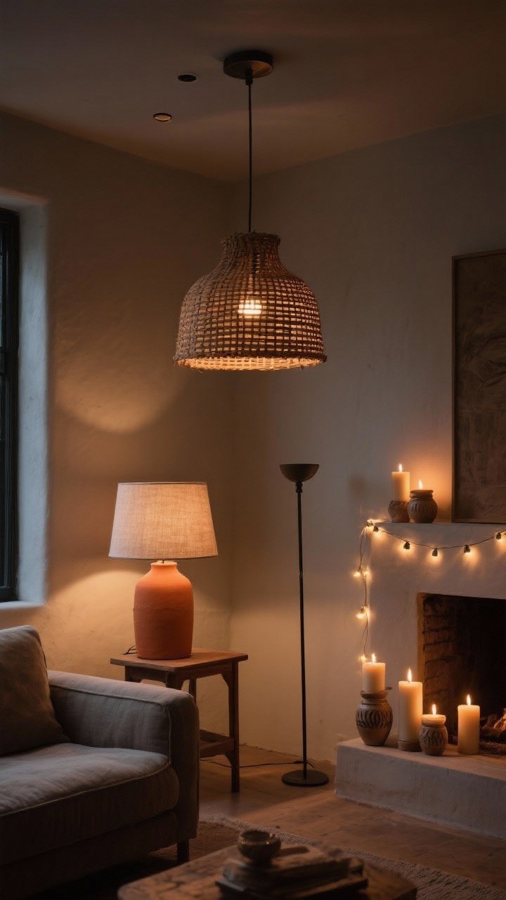 Medium evening shot of a lighting mix: rattan pendant overhead on a dimmer, a terracotta table lamp with a linen shade on a side table, a slim floor lamp in the corner, candles in ceramic holders flickering on a mantle, and subtle string lights; warm bulbs at 2700–3000K for a moody, earthy glow.