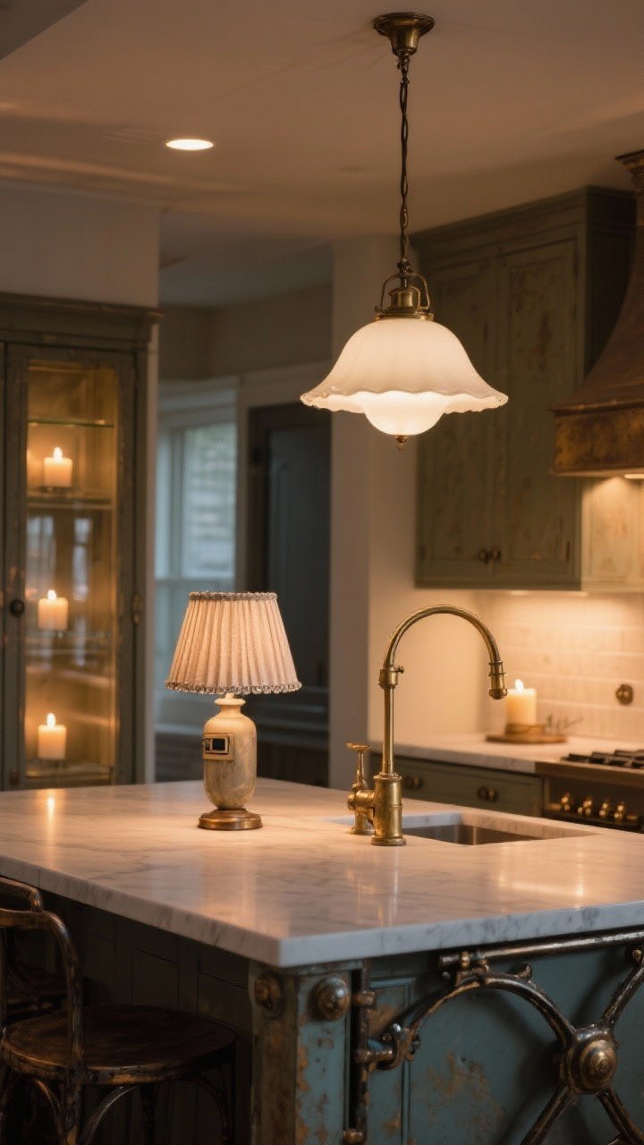 Medium island scene with vintage lighting: a milk-glass pendant overhead, a petite fabric-pleated shade lamp on the counter, and subtle battery puck lights glowing inside a glass-front cabinet; warm 2700K bulbs casting a soft candlelit ambiance; mixed metals of aged brass with iron accents; evening cozy mood, photorealistic.