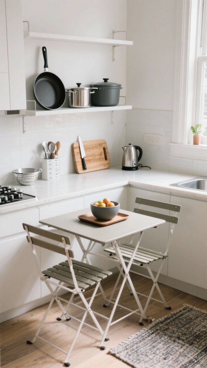 Medium kitchen-dining vignette: Compact apartment kitchen corner with clear counters; a 10" nonstick skillet, medium saucepan, and Dutch oven neatly stored on an open shelf; chef’s knife on a wood cutting board, measuring set and colander nearby. A small bistro/drop-leaf table with two stackable chairs; center tray with a matte ceramic fruit bowl. Kettle and toaster tucked to one side, a small, easy-to-clean rug zoning the dining spot. Bright natural daylight, slight overhead angle capturing functionality.