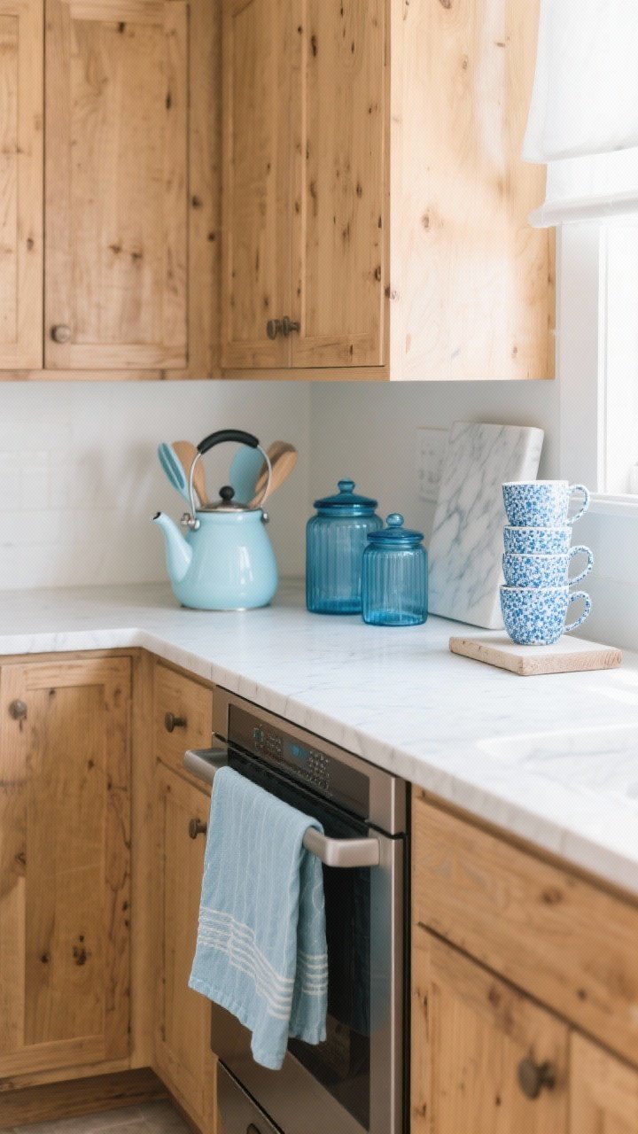 Medium kitchen scene: Subtle glacier blue accents in a warm-wood-cabinet kitchen—soft icy-toned tea towels on the oven handle, a pale blue ceramic utensil crock, blue-glass canisters on the counter, and a pastel glacier kettle beside a marble board with a stack of blue-speckle stoneware mugs. Clean, bright natural light. Photorealistic, three-quarter angle.
