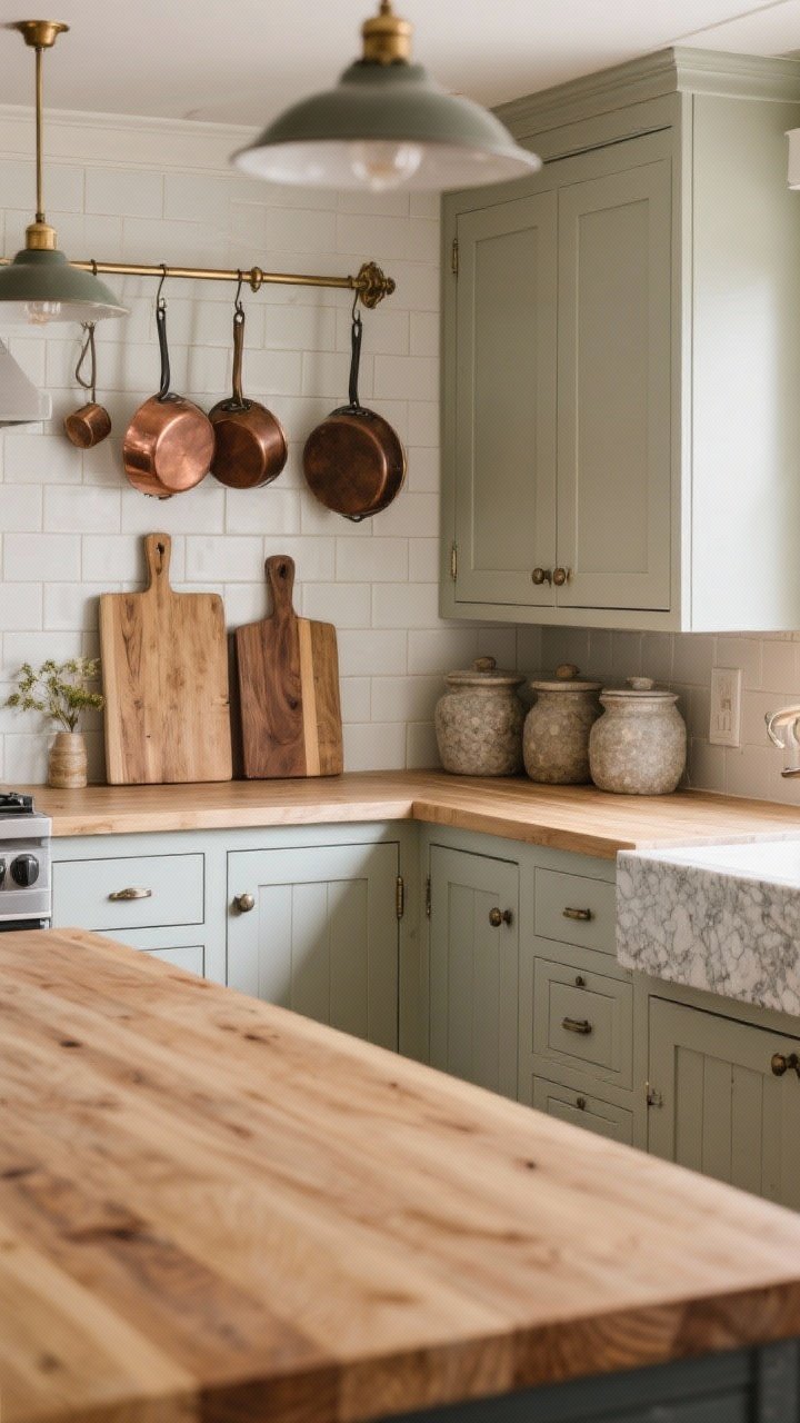 Medium kitchen scene that’s practical and livable: butcher block counters with honed stone island, shaker cabinets with beadboard detail; wood cutting boards leaned against a backsplash, copper pans hanging, stoneware canisters on display; hardware in oil-rubbed bronze and unlacquered brass with a gently aged glow; soft, functional lighting.