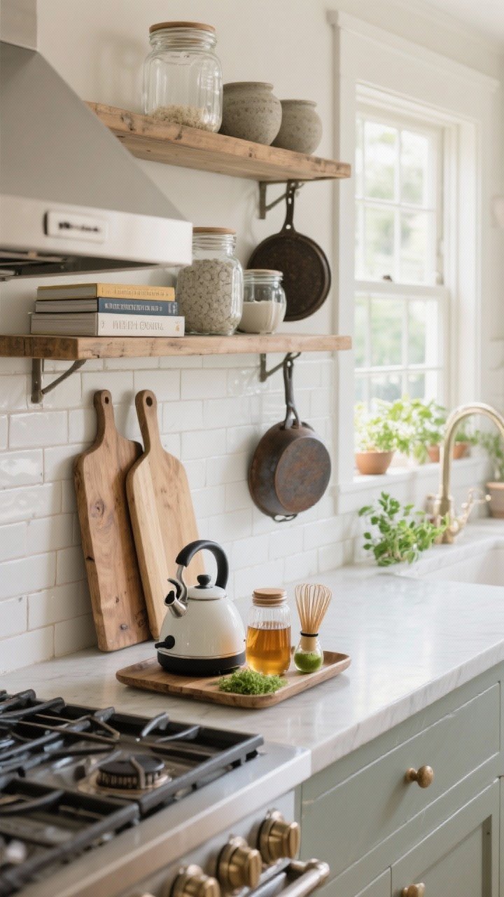 Medium kitchen shot: Wellness-forward farmhouse kitchen with decluttered surfaces. Open shelving styled with stoneware, clear jars, and a couple of cookbooks; wood cutting boards leaning against a backsplash; cast iron and ceramic pieces visible. A countertop herb garden near a sunlit window, range hood quietly on. A neat tea/tonic station on a tray: electric kettle, honey jar, matcha whisk. Clean air, functional beauty.