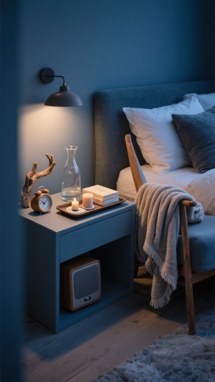 Medium nightstand scene with moody evening light: Multi-sensory hygge setup in a glacier blue bedroom—a cedar or sea salt + driftwood candle softly lit; a tiny speaker tucked low playing ambient vibes (not visible as on-screen text); a folded heated throw draped on chair; plush robe on a peg; nightstand tray holding a glass carafe, linen coaster, hand cream, and a paper book; a matte ceramic or wooden alarm clock replacing plastic; warm, cozy 2700K glow.