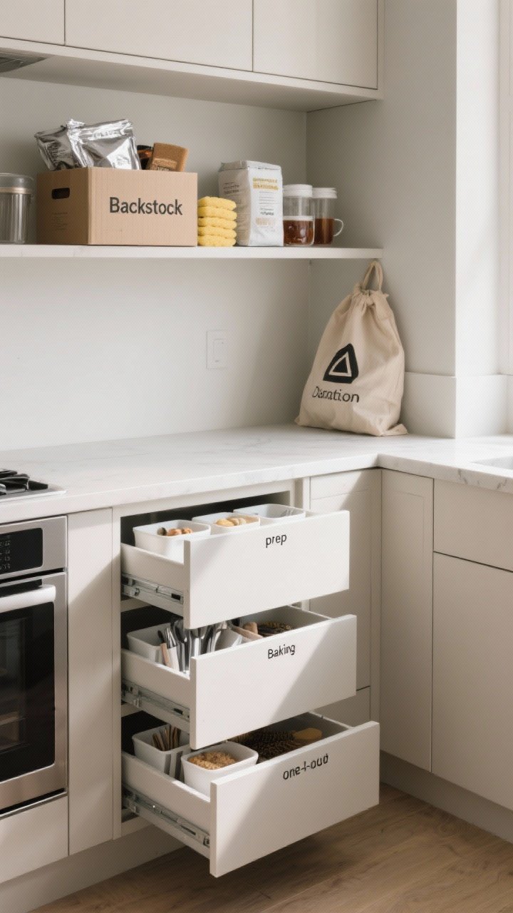 Medium overhead drawer-and-shelf organizational scene illustrating systems: open shallow kitchen drawers segmented by bins labeled prep tools, baking, and coffee; a labeled “Backstock” box on the highest shelf holding extras like foil, sponges, and tea; an empty donation bag tucked neatly in a corner cabinet; visual hint of the one-in-one-out mindset with tidy, minimal contents; clean neutral cabinetry, crisp even lighting for clarity, photorealistic.