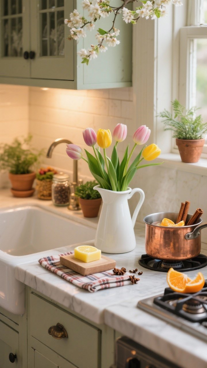 Medium seasonal styling vignette on a cottage counter: spring setup with tulips in a white pitcher, lemon-scented soap by the sink, and small herb pots; alternate elements visible nearby for other seasons—copper accent, jar of cinnamon sticks, plaid runner folded; a small simmer pot on the stove with orange peels, cloves, and cinnamon evokes cozy aroma; warm ambient lighting, photorealistic