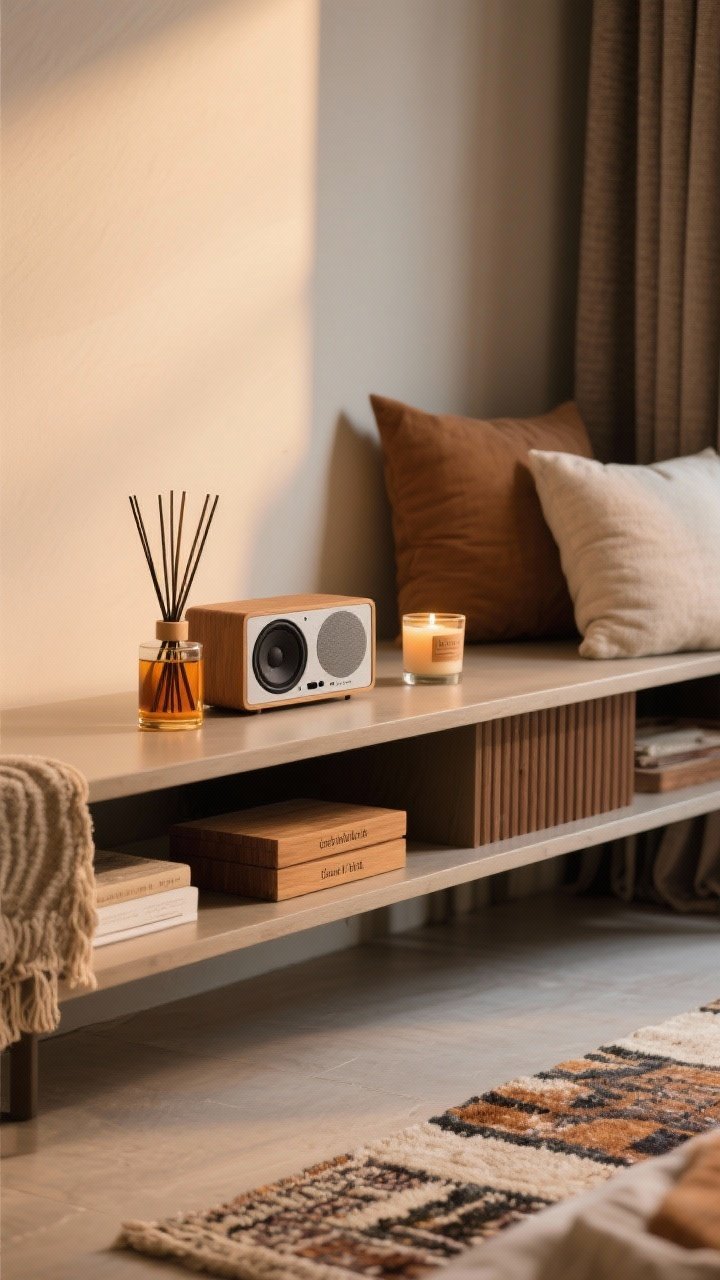 Medium shelf/console vignette: a small speaker tucked on a shelf playing softly, a reed diffuser emitting subtle scent; candle nearby for ritual use; warm notes implied via amber/cedar-toned labels; surrounding textiles (rugs, curtains, pillows) visible to suggest sound absorption; gentle warm lighting.