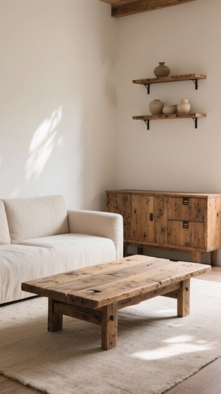 Medium shot: A balanced vignette mixing rustic wood and clean lines—reclaimed wood coffee table with simple silhouette centered in front of a tailored light linen sofa; to the side, a vintage pine sideboard with sleek hardware; floating wood shelves with discreet brackets hold a few neutral ceramics; wood tones kept in the same family for harmony; soft afternoon light, corner perspective for depth; photorealistic textures on the timeworn surfaces.