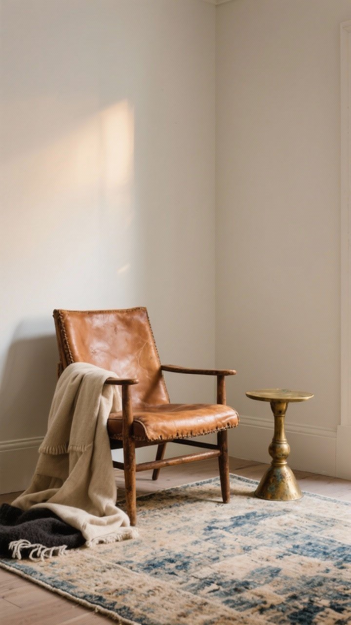 Medium shot: A calm, neutral corner featuring an aged leather chair in warm cognac set against off-white walls with a warm undertone; textiles in linen and wool draped nearby in sand, bone, and charcoal. On the floor, a vintage rug with muted indigo accents subtly ties in color; patina on a small brass side table softly gleams under warm 2700K ambient light. The palette is tight and restrained so the patina and wear read clearly; photorealistic, angled view from the room’s corner.