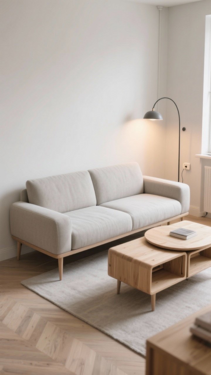 Medium shot — A compact 76-inch Scandinavian sofa in light greige with deep seating, tight bench cushion, and narrow arms to maximize sit space; tapered legs and a low back for visual lightness; styled with a nesting coffee table set in light wood that partially tucks away; a slim arc lamp with a dimmer casting cozy, warm lighting; small apartment layout, airy feel, viewed from an angled corner perspective, photorealistic.
