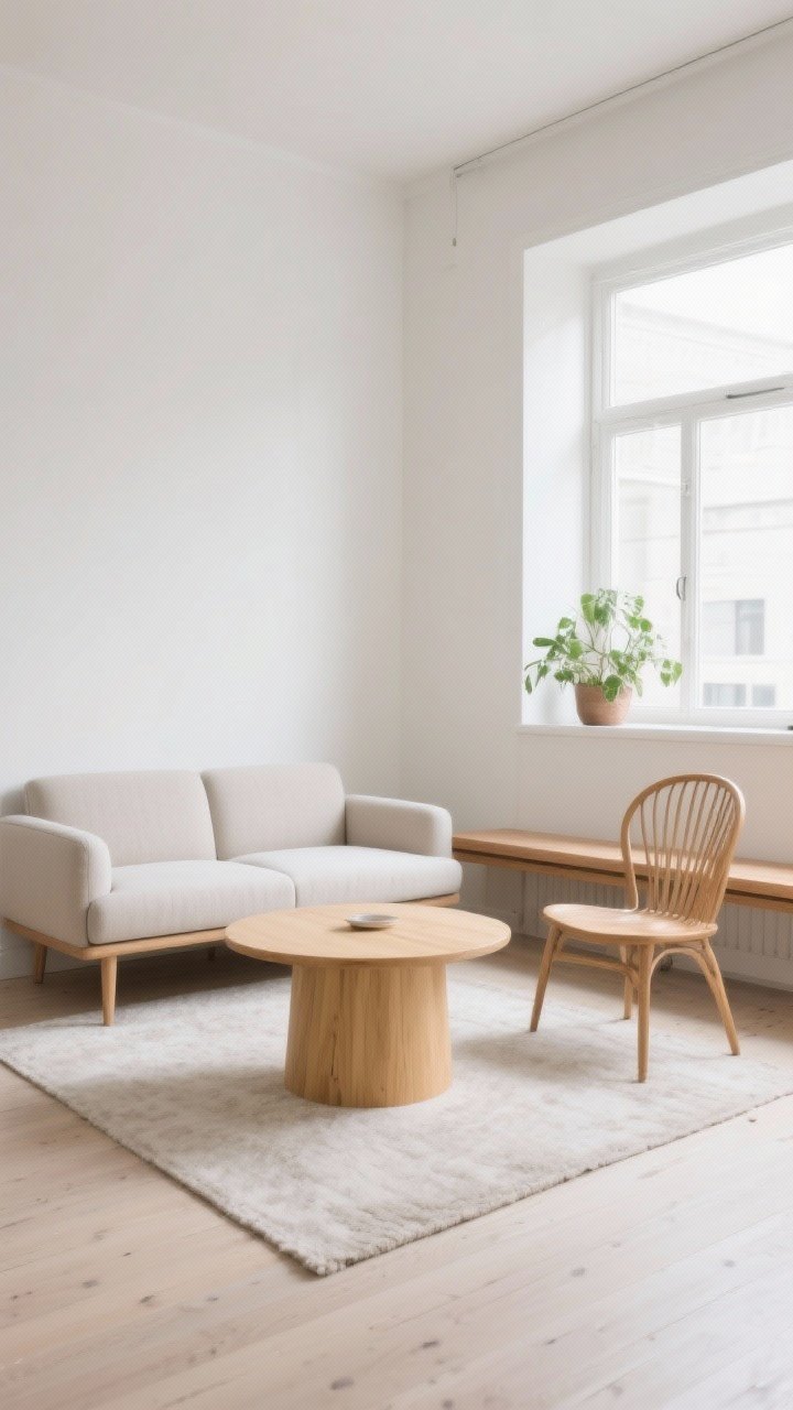 Medium shot: A compact Scandi seating area featuring a low-profile, tight-back sofa with streamlined arms on visible tapered wooden legs; a round blonde wood coffee table (no sharp corners) centered on a light rug; paired with a classic bentwood chair with open lines to emphasize air and light flow; bench along the wall doubling as seating and plant perch; bright but soft natural lighting, clear floor space, photorealistic.