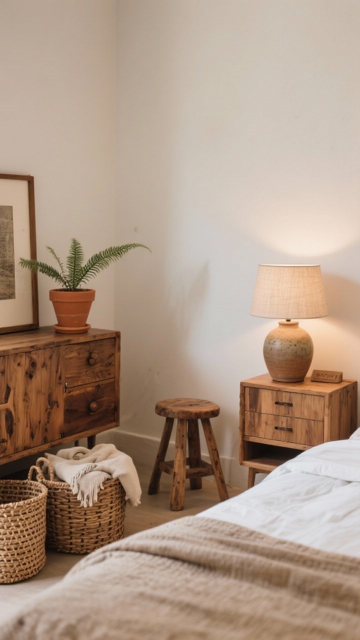 Medium shot: A corner of a bedroom featuring mixed natural materials—warm wood nightstands flanking the bed, a vintage wood dresser with visible grain, woven rattan and wicker baskets for blankets, and a terracotta planter with a small fern; a ceramic lamp with a linen shade glows softly at 2700K; mixed wood tones repeated in frames and stool for a collected feel.
