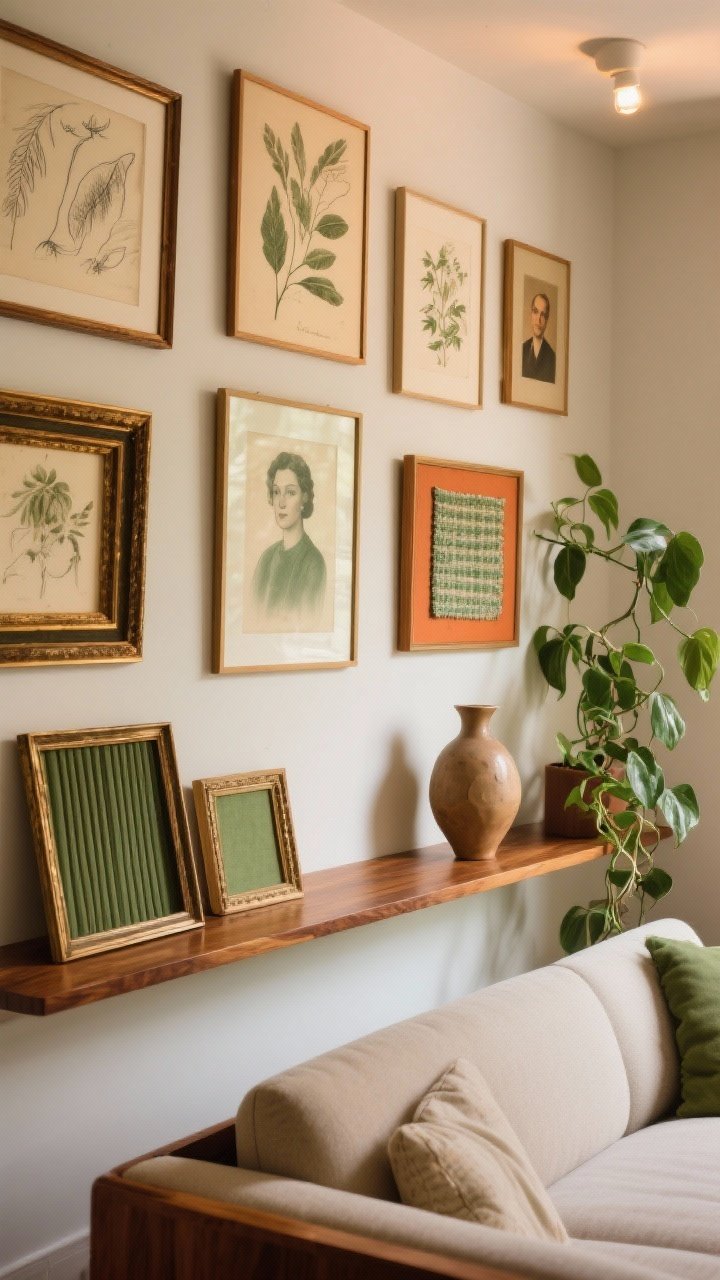 Medium shot — A curated gallery wall in a midcentury living room corner: vintage sketches, botanical prints, dreamy portraits, and small textile fragments layered on an art shelf; mixed frames in warm wood, aged brass, ribbed and ceramic finishes; one long walnut ledge with leaned pieces, a sculptural ceramic object, and a trailing pothos plant; cohesive color thread in moss green and terracotta; soft warm 2700K ambient lighting, clean-lined MCM sofa partially in frame, straight-on view, photorealistic.