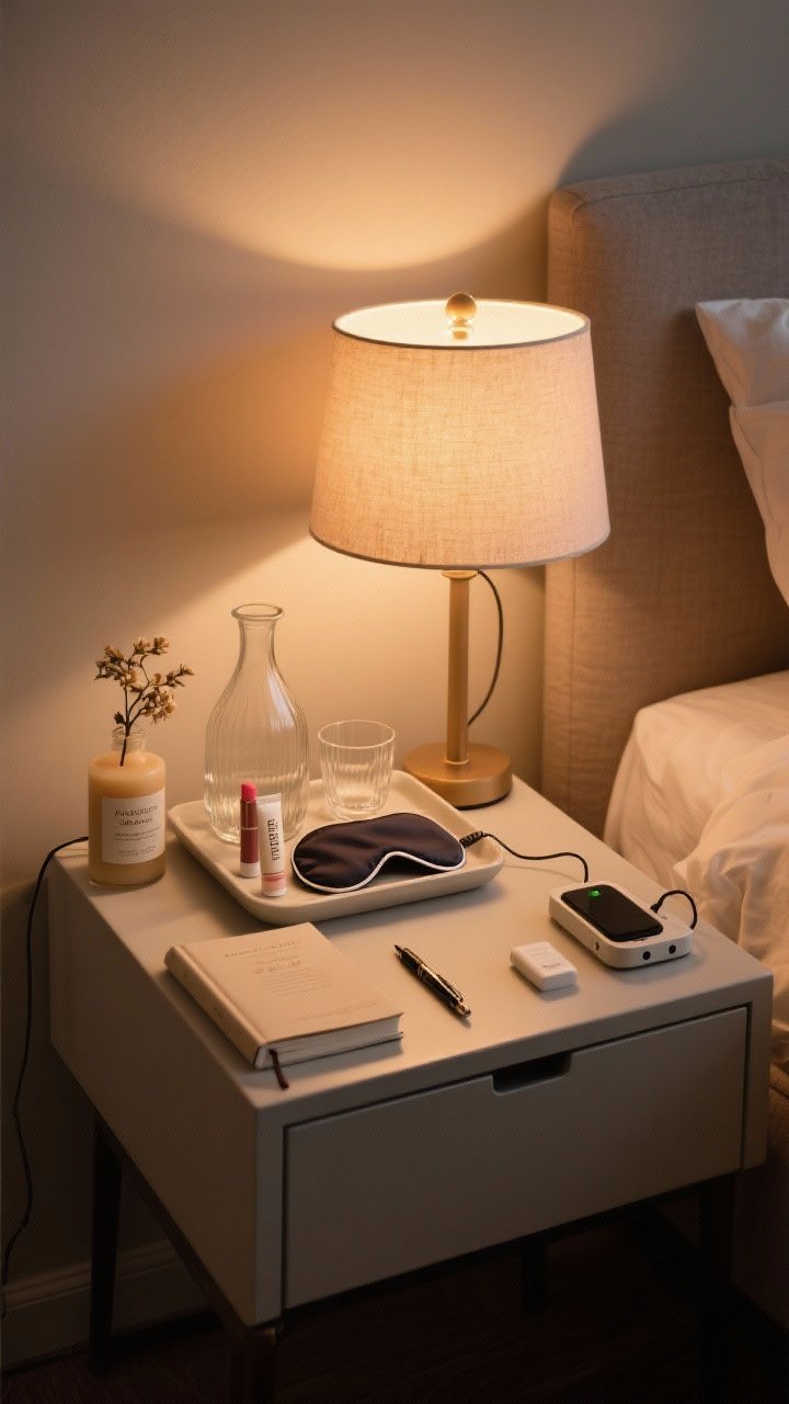 Medium shot: A curated nightstand ritual zone beside a bed—small soft-shaded lamp with warm bulb, a low-profile tray holding lip balm, sleep mask, and hand cream, a glass carafe with matching tumbler, a real book and a pen on a simple journal, and a compact charging station or charging tray with a short cord neatly contained. Add a tiny bud vase and a candle labeled with warm notes (amber/vanilla/sandalwood). Warm, intimate evening lighting, clutter-free, photorealistic.