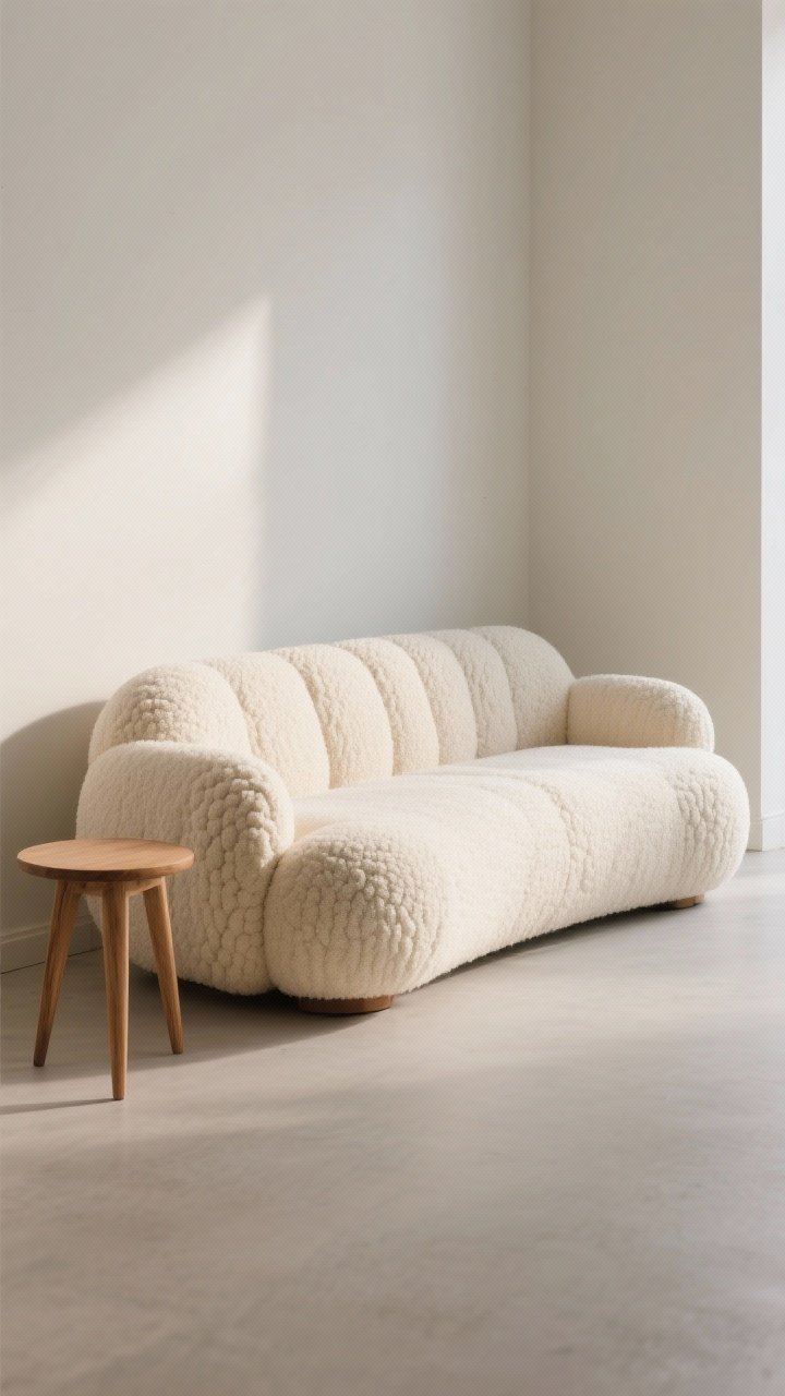 Medium shot — A curved, cloud-like bouclé sofa in warm ivory performance bouclé with rounded arms and pillowy back; set against a pale wall, paired with warm wood accents (oak side table and ash legs on the sofa) to lean into Nordic warmth; gentle afternoon light grazing the soft texture, subtle shadows highlighting the boucle loops; minimal decor, soft neutral palette, calm mood, angled corner perspective for depth, photorealistic.