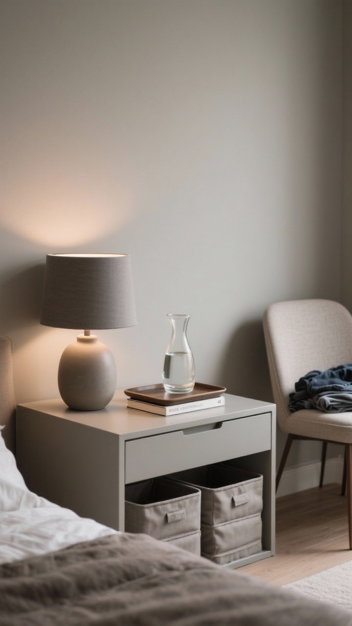 Medium shot: A decluttered nightstand vignette showing only essentials—a matte ceramic lamp, a single hardcover book, and a water carafe on a small tray—against a soft greige wall; an empty chair in the background (no clothes pile), and under-bed stackable fabric bins just visible; gentle, warm indoor lighting; tidy surfaces, everything purposeful.