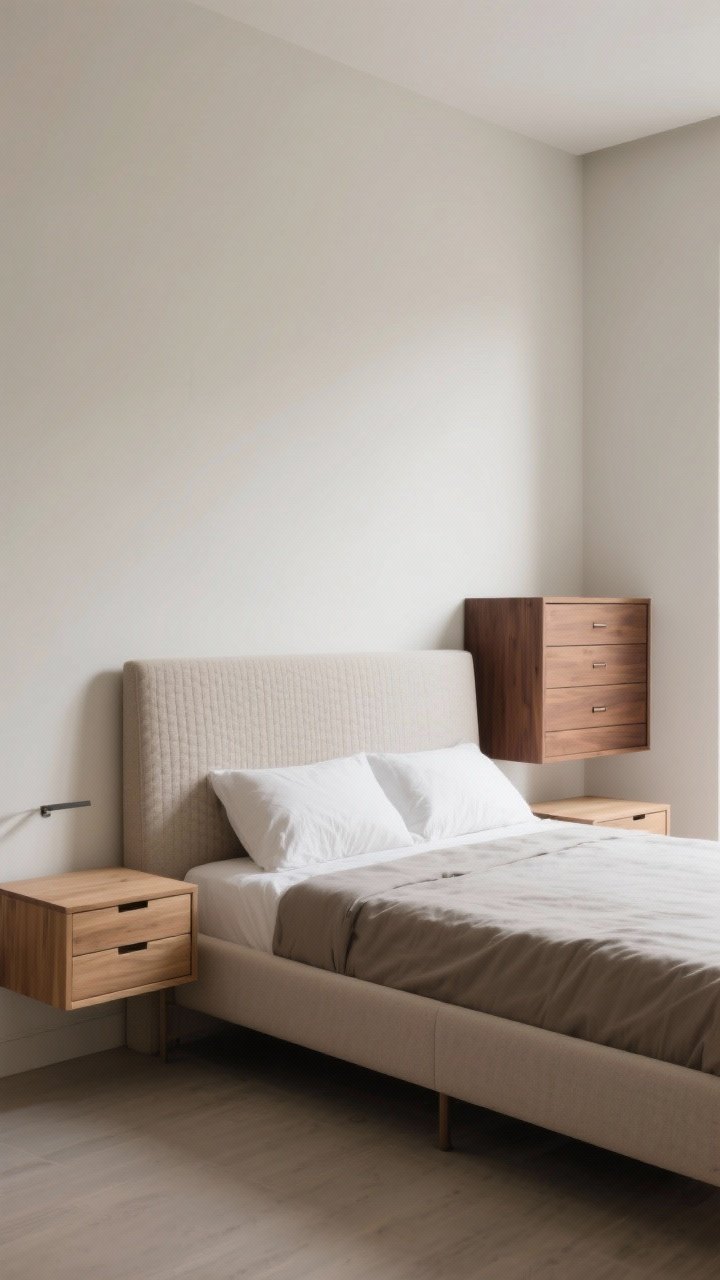 Medium shot: A low-profile upholstered bed with a subtly textured headboard as the hero piece, flanked by slim floating nightstands with closed drawers. A streamlined dresser with flat fronts sits opposite, no visible hardware, emphasizing hidden storage. Materials are light-to-medium woods (oak for the nightstands, walnut dresser) with clean lines and no visual clutter on surfaces. Neutral walls and a calm, functional vibe. Corner angle, soft natural light, photorealistic.