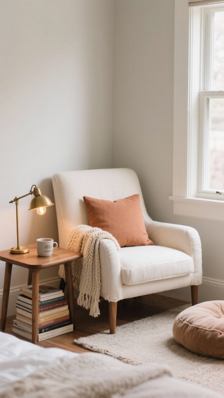 Medium shot: A mini reading nook tucked into a bedroom corner—slipcovered armchair in cream with a clay-colored lumbar pillow, a knit throw over the arm, a small wooden side table holding a mug and book stack, and a brass task lamp with a warm bulb; if space is tight, include a floor cushion and low book stack by the window; calm, cozy ambiance.