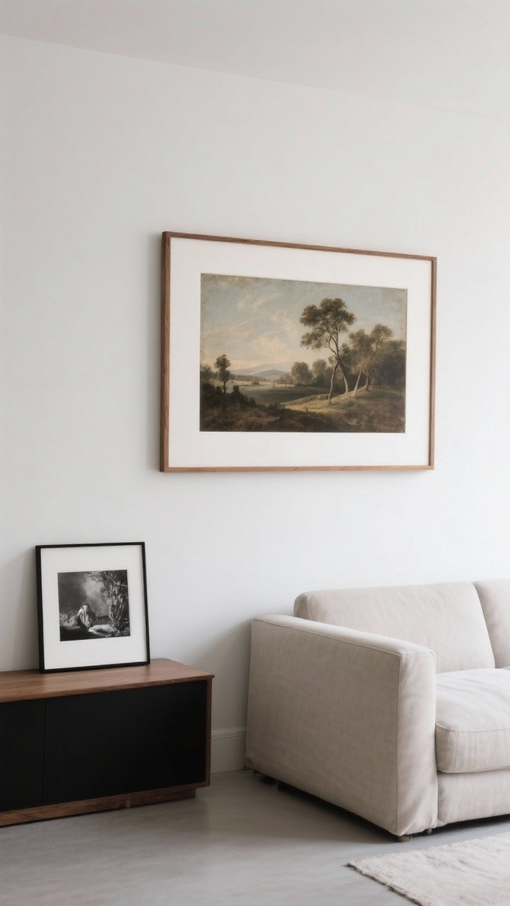 Medium shot: A minimalist wall with one large vintage art piece—an old oil landscape in a thin natural-wood frame with a generous white mat—hung at eye level above a neutral sofa. A second black-and-white photograph leans on a nearby console for flexibility. Spacing is clean, lines are consistent, and the palette stays quiet in black, white, and natural wood; soft, even lighting to reduce glare and keep the room calm; photorealistic, straight-on composition.