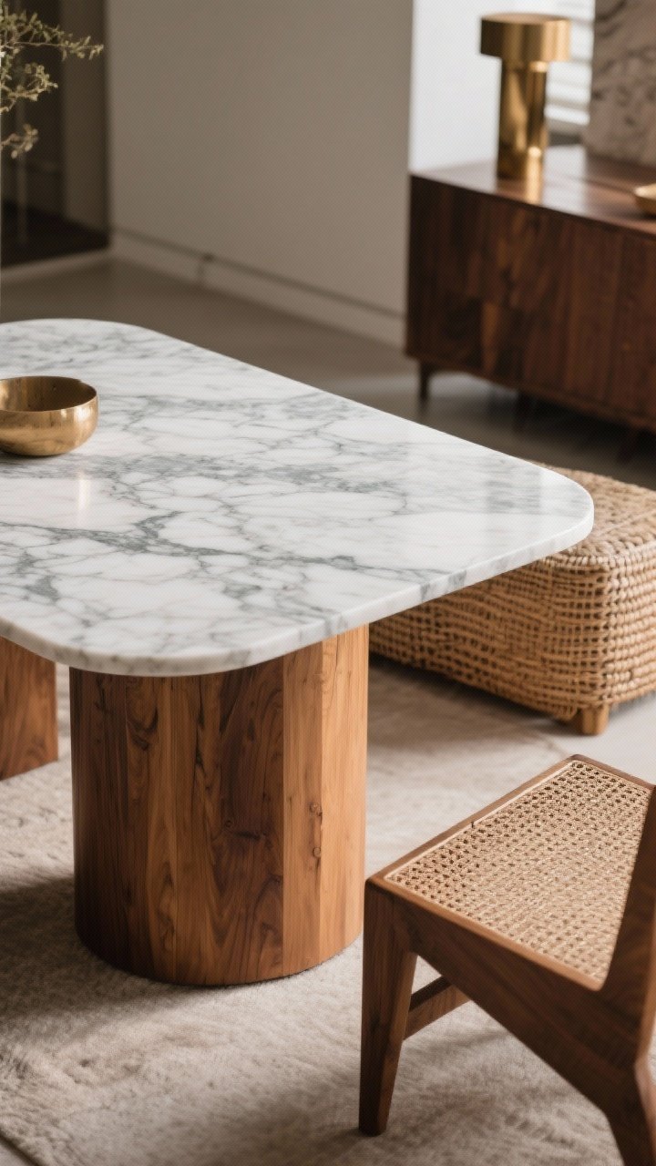 Medium shot: A mixed-material table with a honed marble (or marble-mimic quartz) stone top on a warm wood base; cool stone surface with soft, low-sheen finish contrasted against the sturdy timber base; styled with woven textures and warm metal accents nearby to prevent an overly sleek feel; balanced, diffused natural lighting, straight-on perspective; photorealistic.