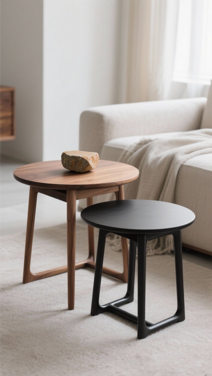 Medium shot: A nesting table duo arranged asymmetrically—dominant oak table paired with a smaller matte black metal companion, staggered slightly in height. Subtle color contrast with mid-tone wood and warm stone accessory on top, avoiding harsh black-and-white. Clean lines, layered look without clutter, neutral textiles nearby; soft, diffuse daylight for a cohesive, calm mood.