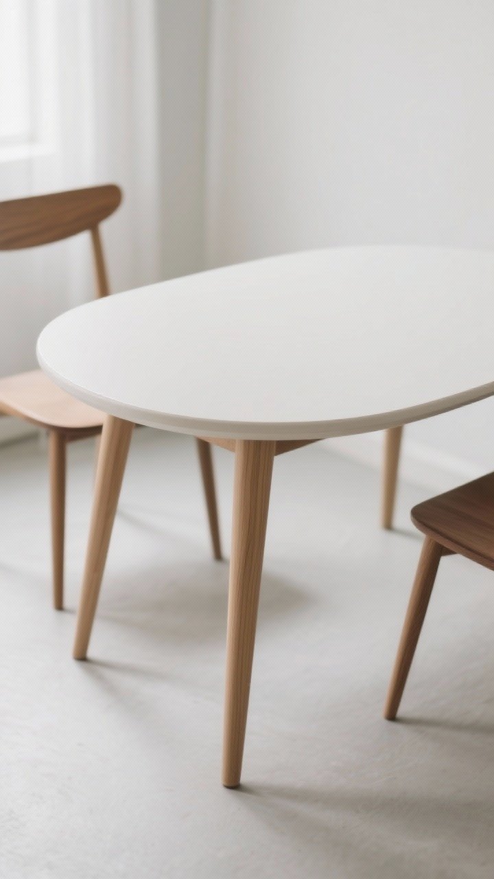 Medium shot: a Scandinavian dining table with an oval top, rounded corners, softened edges, and tapered legs; tabletop thickness shown at a solid 1 to