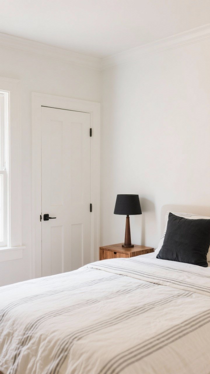 Medium shot: A serene color story in a small bedroom wrapped in the same warm white on walls, doors, and trim, with a tight palette of warm white, sand, charcoal accents, and oak wood tones; include a charcoal lumbar pillow, a dark wood lamp base, subtle striped bedding, and a ceiling painted a very pale version of the wall color; soft, even daylight, minimal visual clutter, captured from bed-height perspective to highlight cohesive color and strategic contrast.