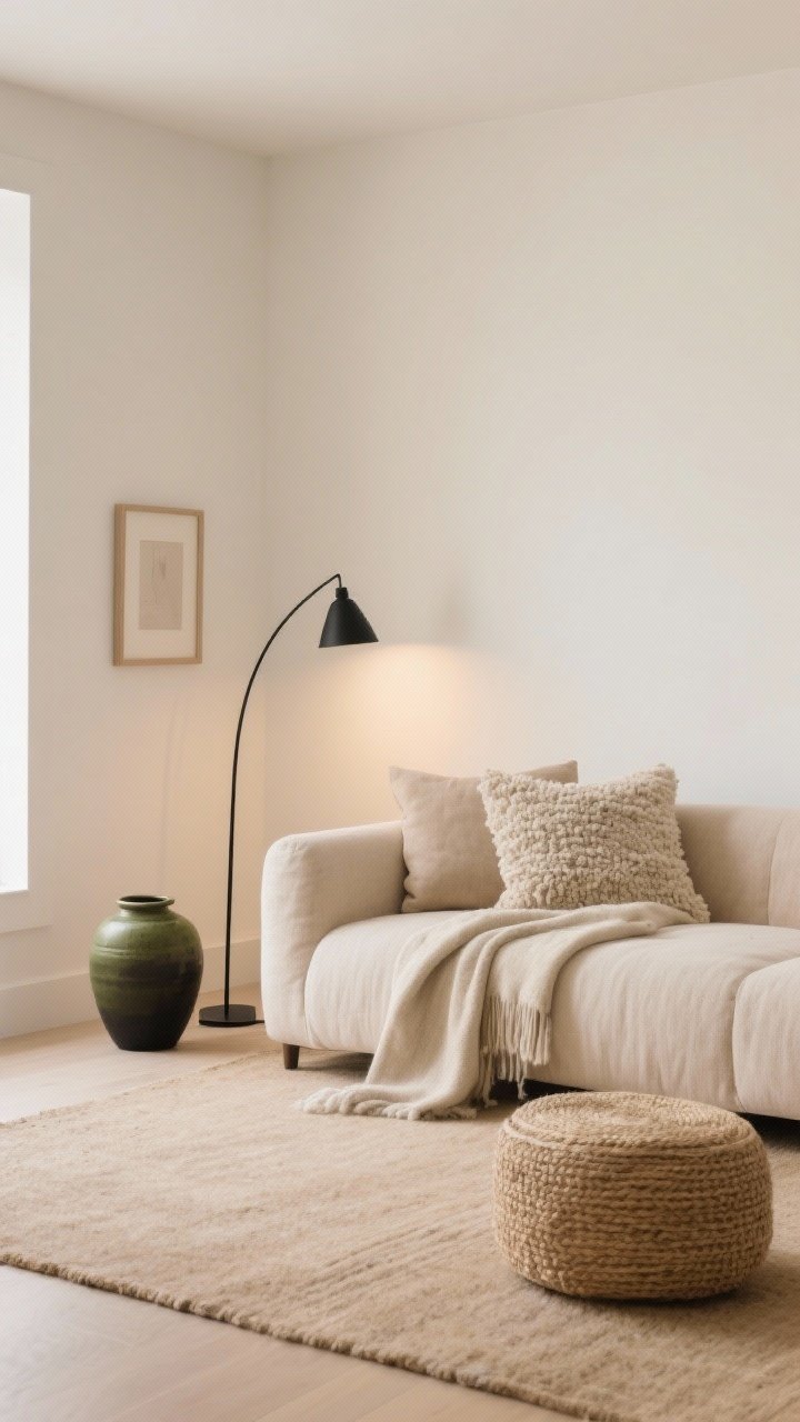Medium shot: A serene tone-on-tone seating vignette with a beige linen sofa on a slightly deeper beige rug, warm white matte walls, and layered neutrals. Textural mix is the star: linen upholstery, a wool throw, a boucle accent pillow, and a jute ottoman. A slim black metal floor lamp adds soft contrast; small accents in olive and soft black appear in a ceramic vase and a framed detail. Lighting is warm and diffused (2700–3000K), creating a grounded, cozy minimal feel—warm minimal, not clinical—photorealistic.