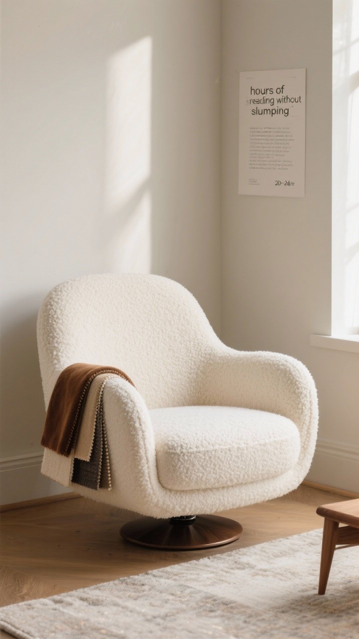 Medium shot: A single curved accent chair as the hero in a small corner, upholstered in ivory bouclé with a mid-to-high back and plush depth (20–24 inches), shown with cozy curved arms and a hidden swivel base; natural daylight from the side, soft shadows; a review card on a nearby wall reads “hours of reading without slumping” subtly; include fabric swatches (bouclé, velvet, performance weave) draped over the arm to imply options; palette of oatmeal, cream, and warm cocoa wood tones; no other furniture crowding the frame, just the chair on a simple low-pile rug.