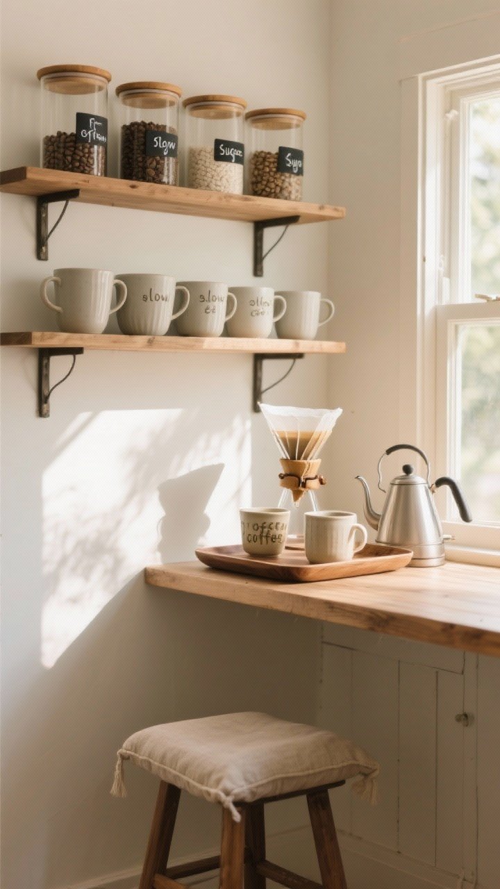 Medium shot: A “slow coffee” corner by a sunny window with a wood tray holding ceramic mugs, a pour-over cone, and a kettle; open shelves above display neatly arranged mugs and labeled glass canisters with wooden lids for beans, tea, and sugar; add a simple stool with a linen cushion for seated sips; natural morning sunlight, warm, minimalist farmhouse vibe, no people.